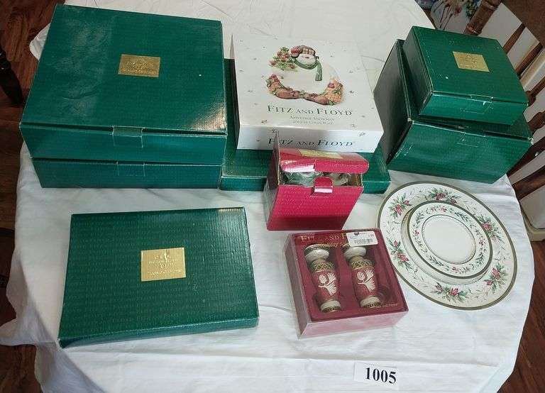 Fitz and Floyd Christmas platters, plates, snack tray, salt and pepper shakers, cups