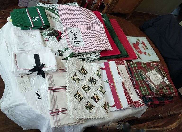 Christmas placemats, tablecloths, runners, towels and napkins, large glass trivet, Etc