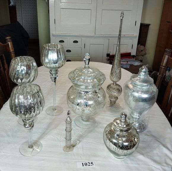Mercury glass jars, goblets, spire, etc