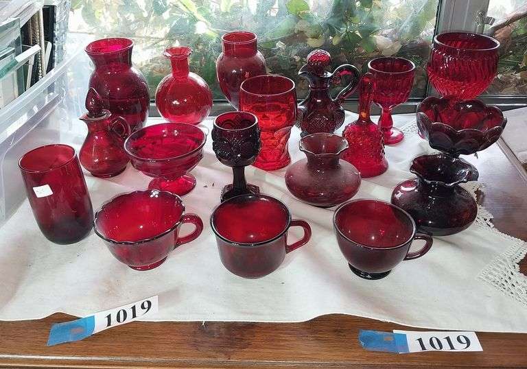 Red glass Avon, anchor hocking cups, vases, cruet, bell, etc