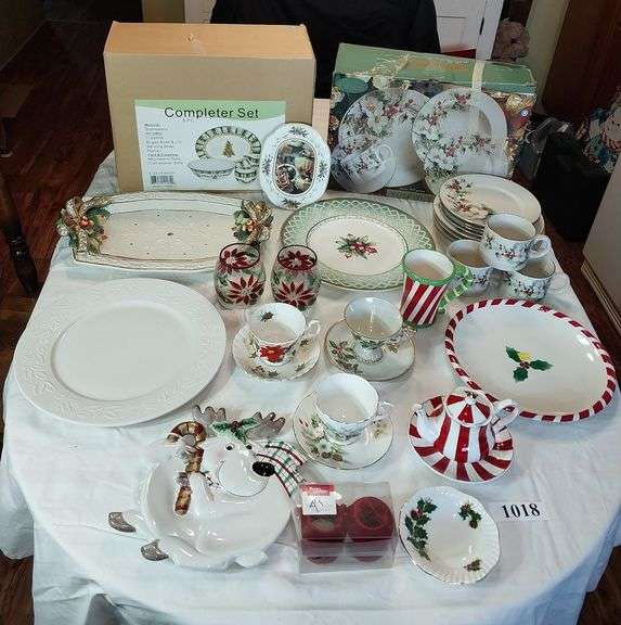 Gorham and Gibson Christmas dish sets, Fitz and Floyd platters and frame, teacups/saucers, plates, m