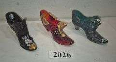 Three hand-painted artist signed Fenton glass slippers