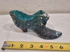 Three hand-painted artist signed Fenton glass slippers