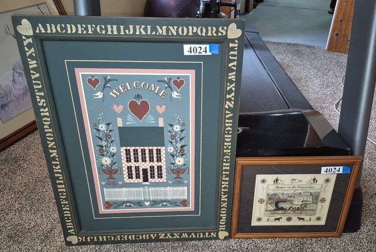 Painted wood wall hanging, framed Amish buggy wall hanging