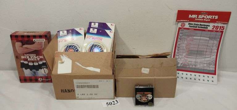 Six pack belt, Cubs 1989 National League Eastern Division champion buttons, 2003 Buckeyes Fiesta Bow