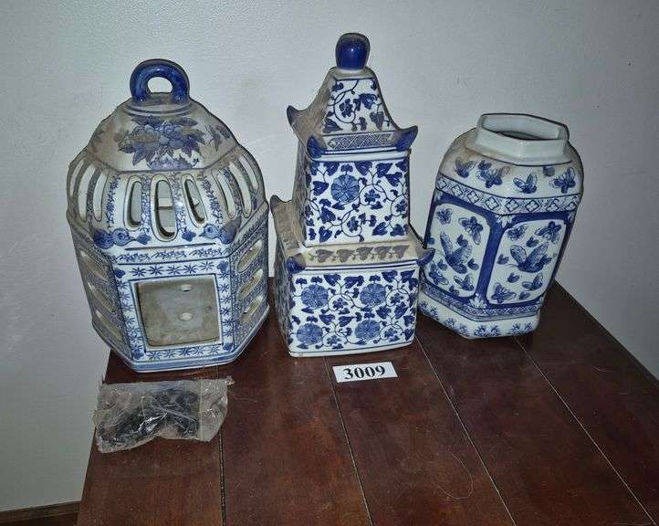 Blue and white ceramic hanging candle lantern, covered jar, vase