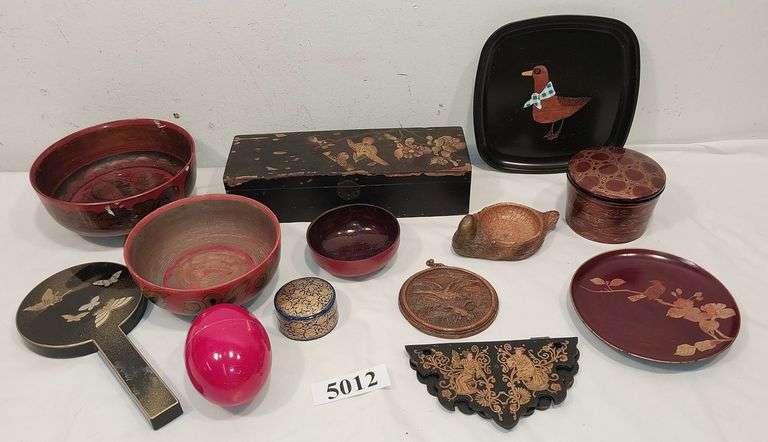 Wood and Lacquer bowls, boxes, egg, plates, duck decor, hand mirror box, Asian hanging shelf