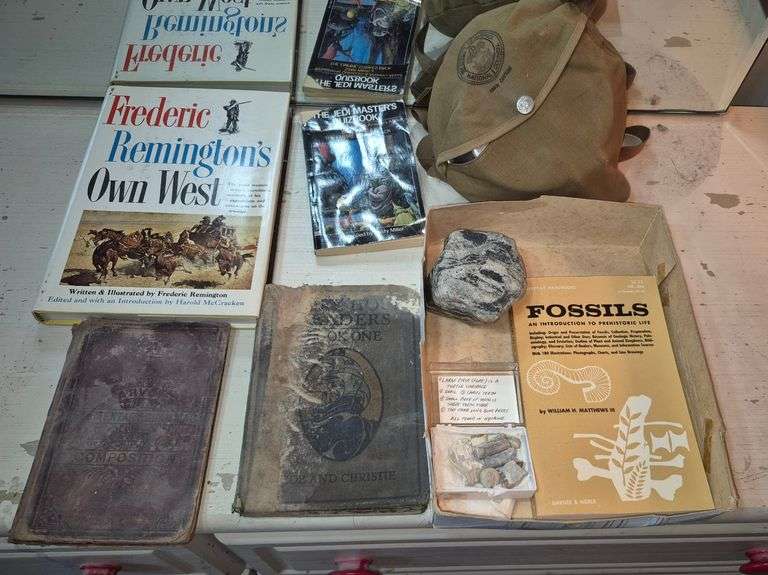 Boy Scout mess kit, rocks, fossil book, antique readers, Frederick Remington book, Jedi Masters quiz