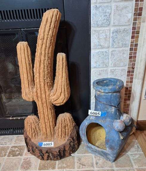 Carved wood cactus, ceramic chimenea