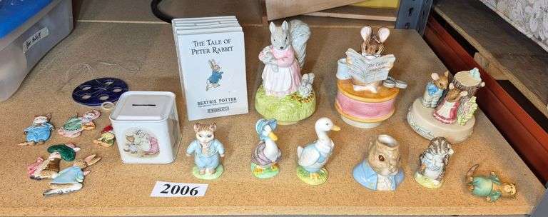 Wedgwood, Royal Albert, and Beswick Beatrix Potter figurines, music boxes, coin bank, Etc