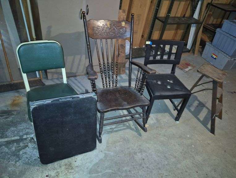Oak press back rocking chair, fold in half folding table, antique wood step ladder, industrial chair