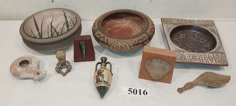 Aztec theme Pottery bowls, warrior heads, and figurine, covered dish, duck, greek vase, etc