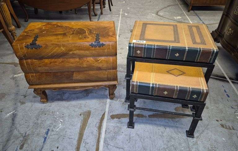 Book motif nesting stands, book shaped two drawer flip top stand