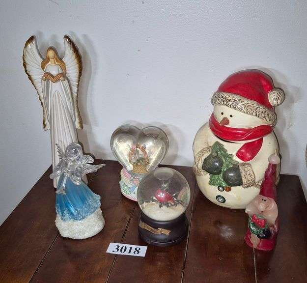 Snowman cookie jar, snow globe music boxes, Angel figurines, Etc