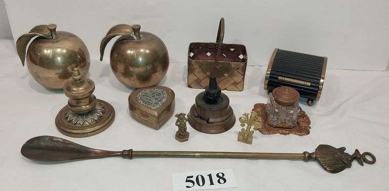Brass apple paperweights, shoe horn, basket, ink wells, art deco cigarette box, etc