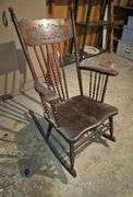 Oak press back rocking chair, fold in half folding table, antique wood step ladder, industrial chair