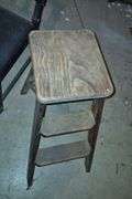 Oak press back rocking chair, fold in half folding table, antique wood step ladder, industrial chair