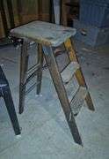 Oak press back rocking chair, fold in half folding table, antique wood step ladder, industrial chair
