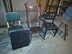 Oak press back rocking chair, fold in half folding table, antique wood step ladder, industrial chair