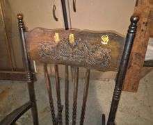 Oak press back rocking chair, fold in half folding table, antique wood step ladder, industrial chair