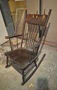 Oak press back rocking chair, fold in half folding table, antique wood step ladder, industrial chair
