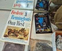 Boy Scout mess kit, rocks, fossil book, antique readers, Frederick Remington book, Jedi Masters quiz