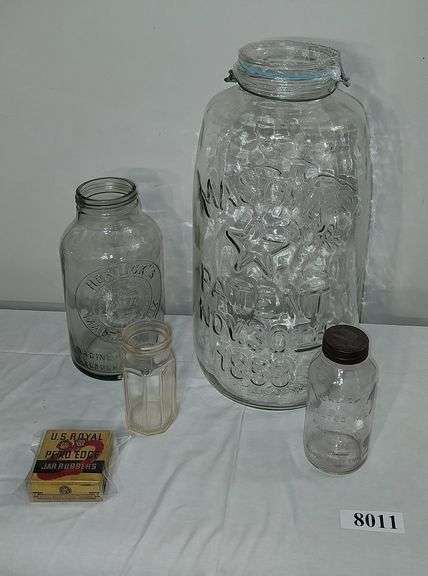 Two Horlicks malted milk glass jars, paneled Heinz jar, 5 gallon Mason jar, jar rubbers