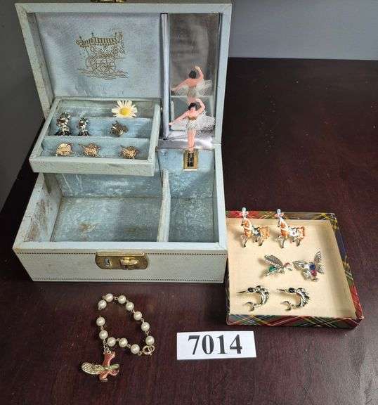 Vintage costume jewelry pins, ballerina musical jewelry box