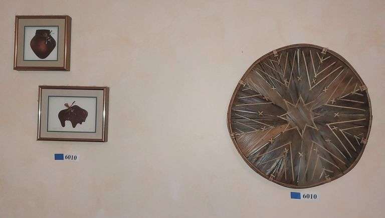 Southwest wall hanging basket, 2 framed copper artworks