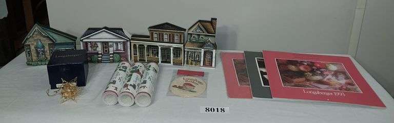 Longaberger ornament, 4 village collection buildings, coasters, border wallpaper, calenders