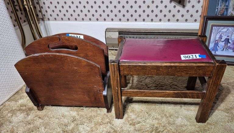 Antique mission style footstool, vintage magazine rack