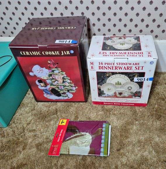 Christmas dinnerware set in box, Santa cookie jar in box, gift bag