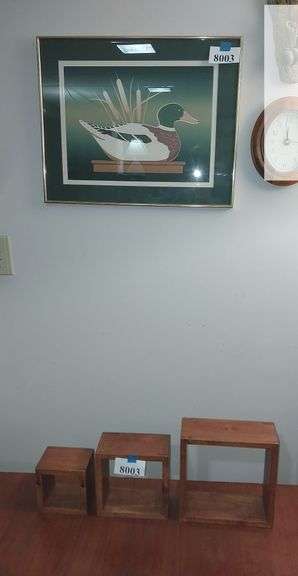 Mallard print by John Fields, 3 wood shadow box shelves
