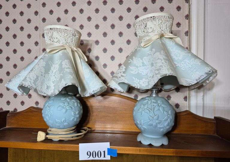 PaIr of blue glass lamps with shades