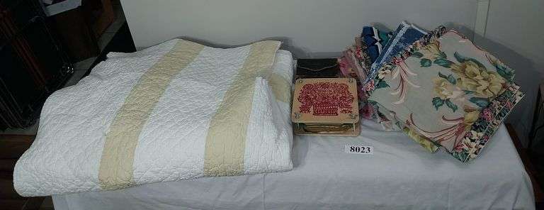 Quilted border of bedspread with damage (missing middle), vintage fabric pieces, flower/leaf press, 