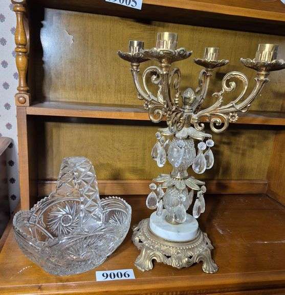 Candle holder with hanging prisms, glass basket