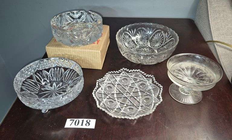 Cut glass ashtray, Pressed Glass plate and bowls, Etc