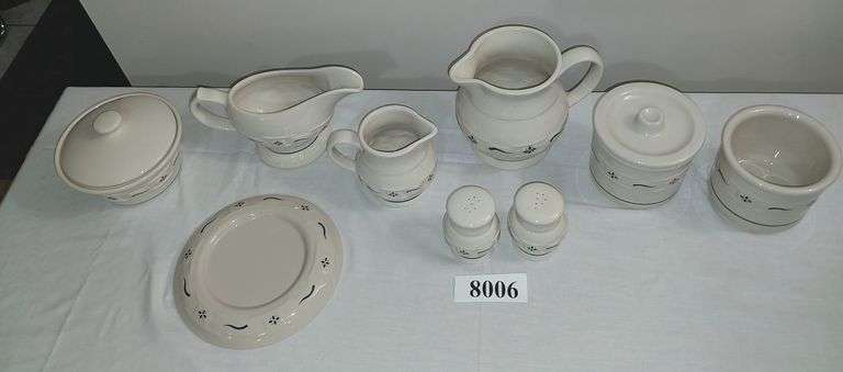 Longaberger pottery pitchers, gravy, crocks, salt/pepper, pillar candle holder