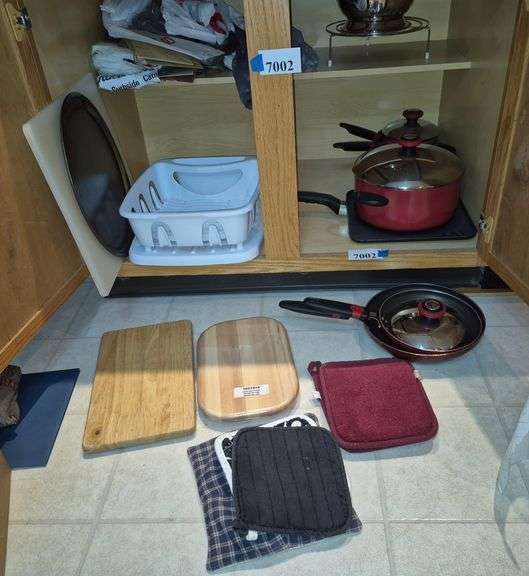 Pots and pans, cutting board, Dish rack, Hot pads, Etc