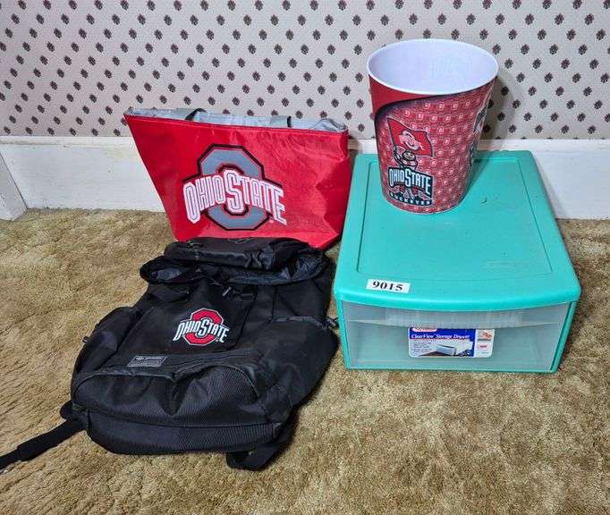 Ohio State wrestling backpack, Ohio State insulated bag, Ohio State trash bin, storage drawer
