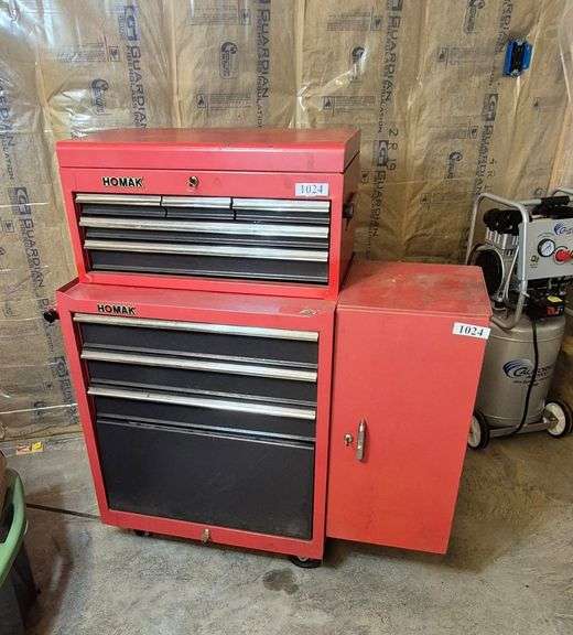 Homak rolling mechanics tool chest with side box full of various mechanics and hand tools