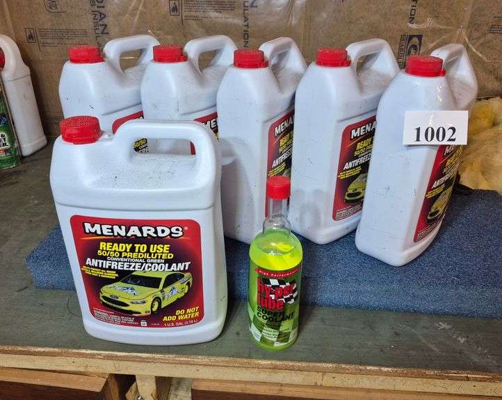 Six sealed bottles Menards antifreeze, hyper-lube super coolant