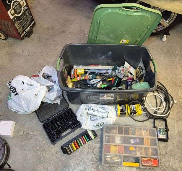 Socket sets, Hardware organizers, drywall mud mixing paddle, caulk, hand tools, large storage bin, E
