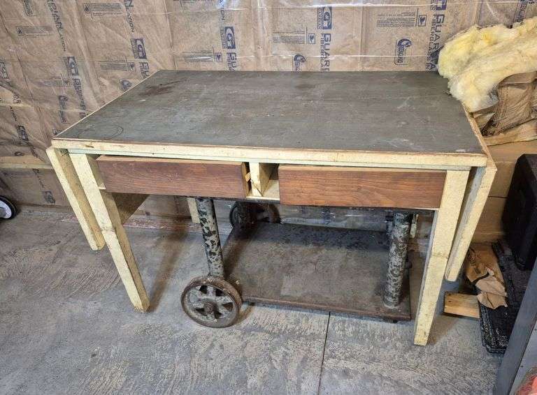 Rolling metal industrial lift cart, drop leaf table