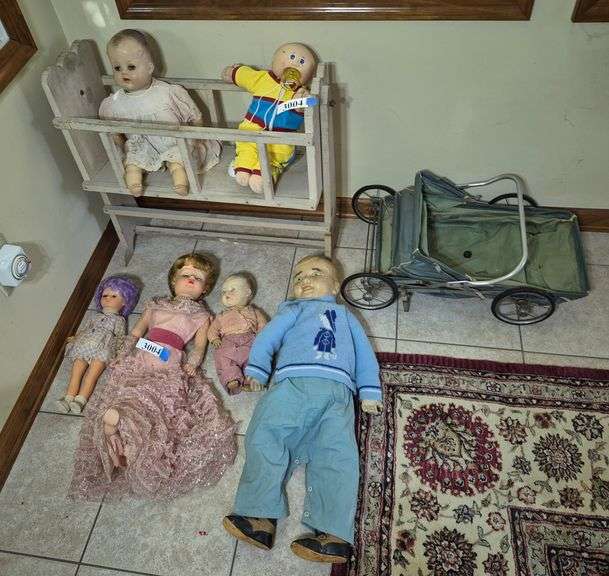 Vintage Dolls, wood doll cradle, doll stroller/carriage