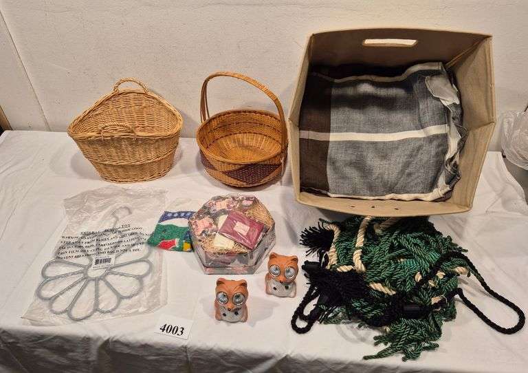 Fabric, baskets, solar raccoons, tasseled cords, bath gift set, etc