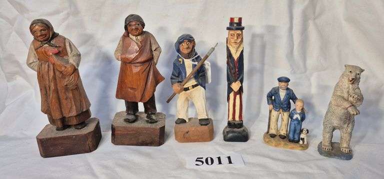 Wood carved, ceramic, and resin polar bear, Uncle Sam, etc