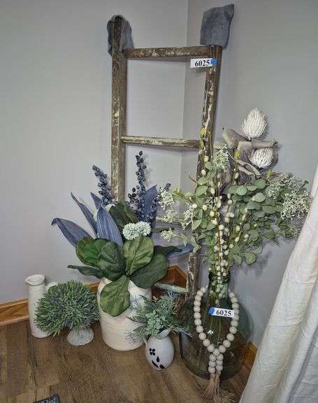 Wood "ladder", ceramic and glass vases, ceramic pitchers, artificial greenery and flowers