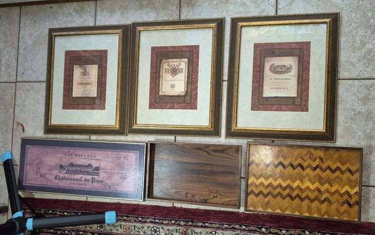 Framed wine label wall hangings, small wood trays