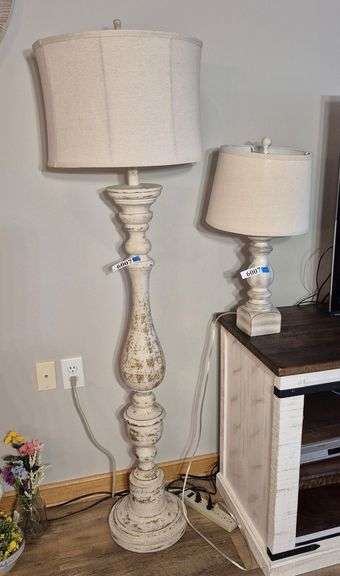 Off white distressed finish floor lamp and matching table lamp